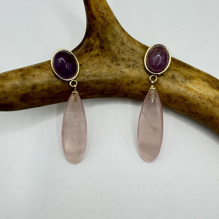 Vintage Pink Rose Quartz Earrings - Golden 925 Sterling Silver