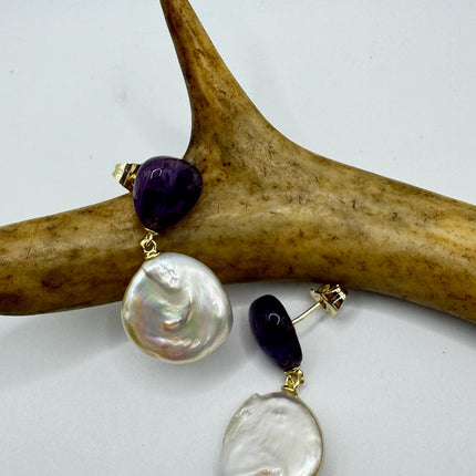 Vintage Purple Amethyst White Pearl Gold 925 Sterling Silver Chandelier Earrings