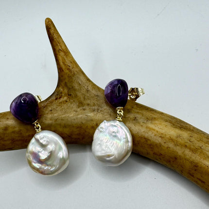Vintage Purple Amethyst White Pearl Gold 925 Sterling Silver Chandelier Earrings