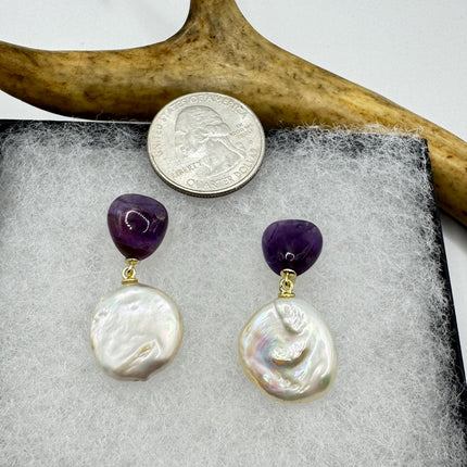 Vintage Purple Amethyst White Pearl Gold 925 Sterling Silver Chandelier Earrings