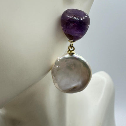 Vintage Purple Amethyst White Pearl Gold 925 Sterling Silver Chandelier Earrings