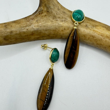Vintage Tigers Eye Green Malachite Earrings Dangle Gold Filled