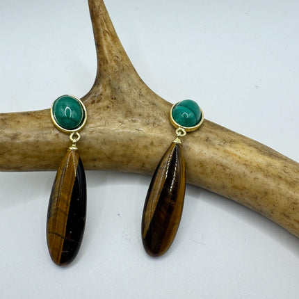 Vintage Tigers Eye Green Malachite Earrings Dangle Gold Filled