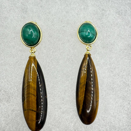 Vintage Tigers Eye Green Malachite Earrings Dangle Gold Filled