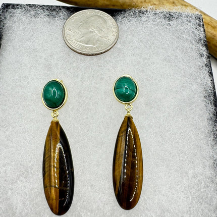 Vintage Tigers Eye Green Malachite Earrings Dangle Gold Filled