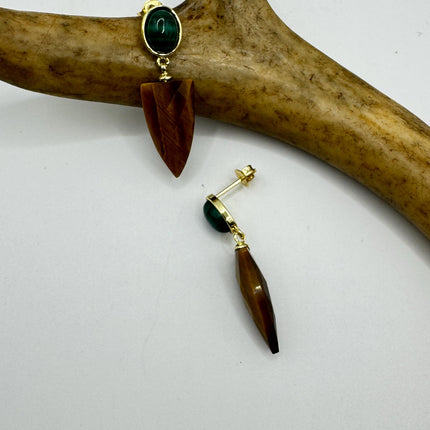Vintage Tigers Eye Green Malachite Earrings Dangle Gold Filled