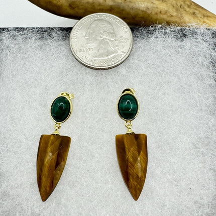 Vintage Tigers Eye Green Malachite Earrings Dangle Gold Filled