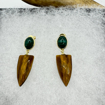 Vintage Tigers Eye Green Malachite Earrings Dangle Gold Filled