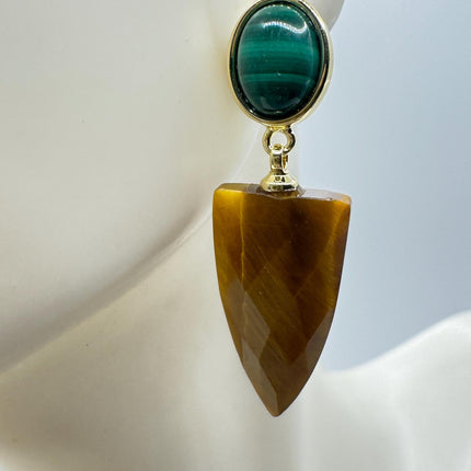 Vintage Tigers Eye Green Malachite Earrings Dangle Gold Filled