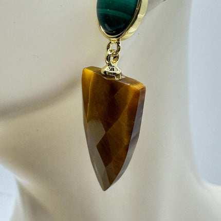 Vintage Tigers Eye Green Malachite Earrings Dangle Gold Filled