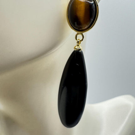 Vintage Tigers Eye Black Onyx Earrings Dangle Gold Filled