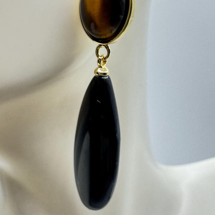 Vintage Tigers Eye Black Onyx Earrings Dangle Gold Filled