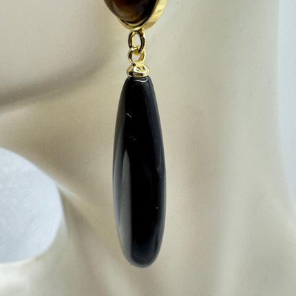 Vintage Tigers Eye Black Onyx Earrings Dangle Gold Filled