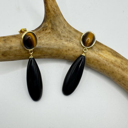 Vintage Tigers Eye Black Onyx Earrings Dangle Gold Filled