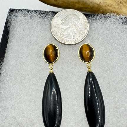 Vintage Tigers Eye Black Onyx Earrings Dangle Gold Filled