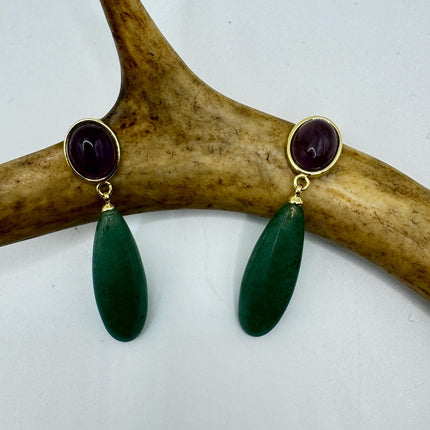 Vintage Purple Amethyst Green Nephrite Jade Gold 925 Sterling Silver Chandelier Earrings