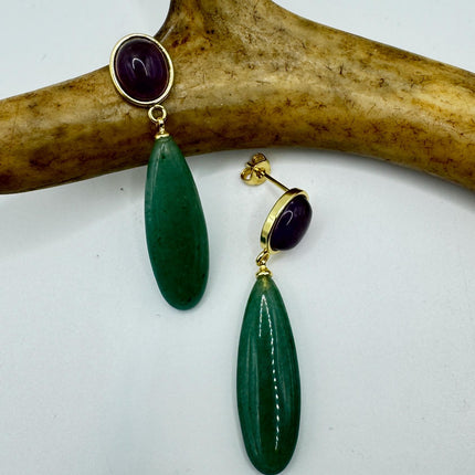 Vintage Purple Amethyst Green Nephrite Jade Gold 925 Sterling Silver Chandelier Earrings