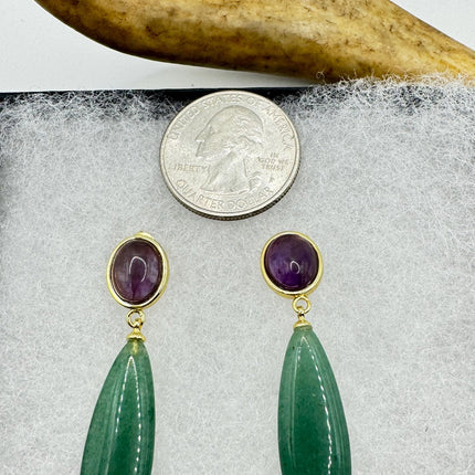 Vintage Purple Amethyst Green Nephrite Jade Gold 925 Sterling Silver Chandelier Earrings