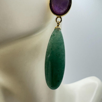 Vintage Purple Amethyst Green Nephrite Jade Gold 925 Sterling Silver Chandelier Earrings