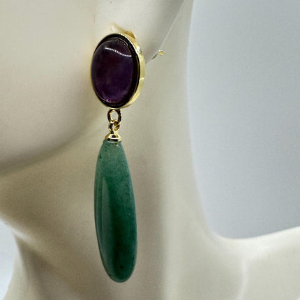 Vintage Purple Amethyst Green Nephrite Jade Gold 925 Sterling Silver Chandelier Earrings