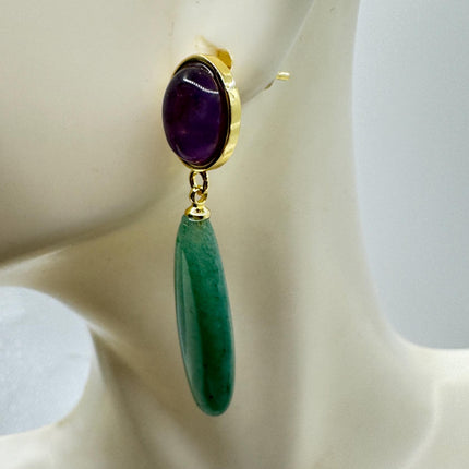 Vintage Purple Amethyst Green Nephrite Jade Gold 925 Sterling Silver Chandelier Earrings