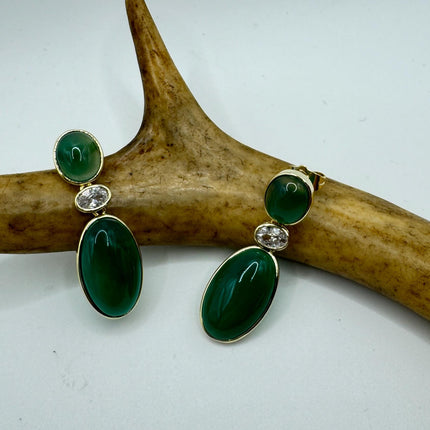 Vintage Green Jade Dangle Lucky Gold Sterling Silver Earrings