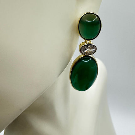 Vintage Green Jade Dangle Lucky Gold Sterling Silver Earrings