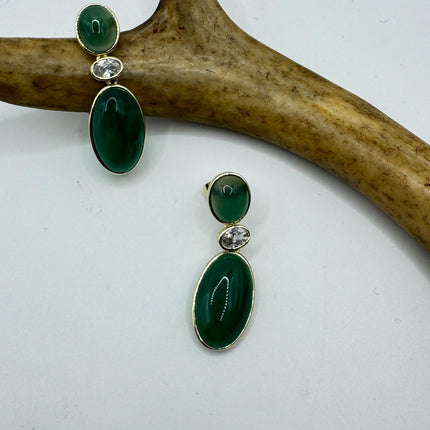 Vintage Green Jade Dangle Lucky Gold Sterling Silver Earrings