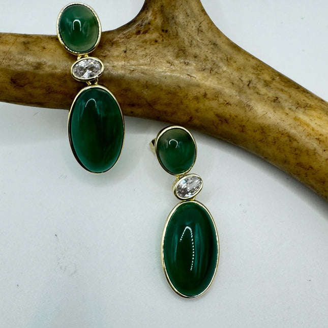 Vintage Green Jade Dangle Lucky Gold Sterling Silver Earrings