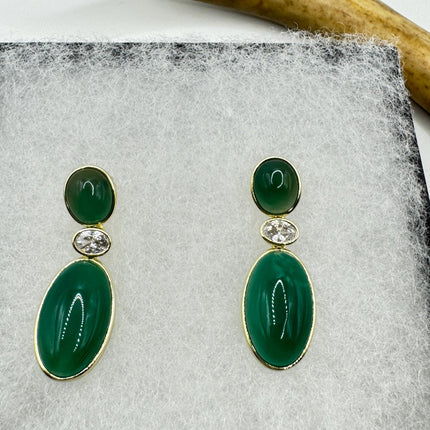 Vintage Green Jade Dangle Lucky Gold Sterling Silver Earrings