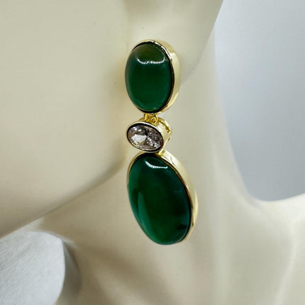 Vintage Green Jade Dangle Lucky Gold Sterling Silver Earrings
