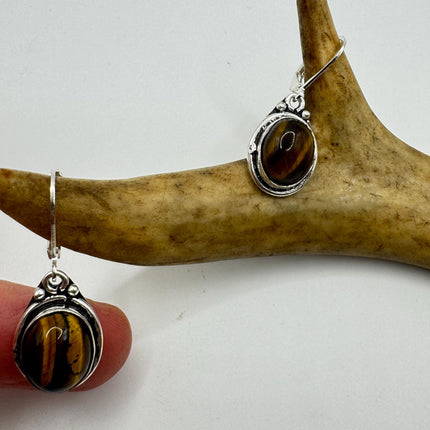Vintage Tigers Eye Dangle Earrings Sterling Silver Design Statement Leverbacks