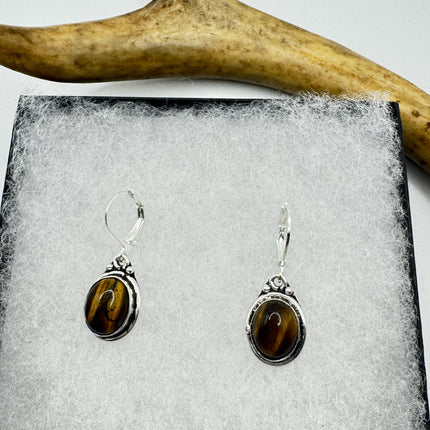 Vintage Tigers Eye Dangle Earrings Sterling Silver Design Statement Leverbacks