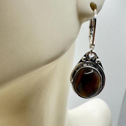Vintage Tigers Eye Dangle Earrings Sterling Silver Design Statement Leverbacks