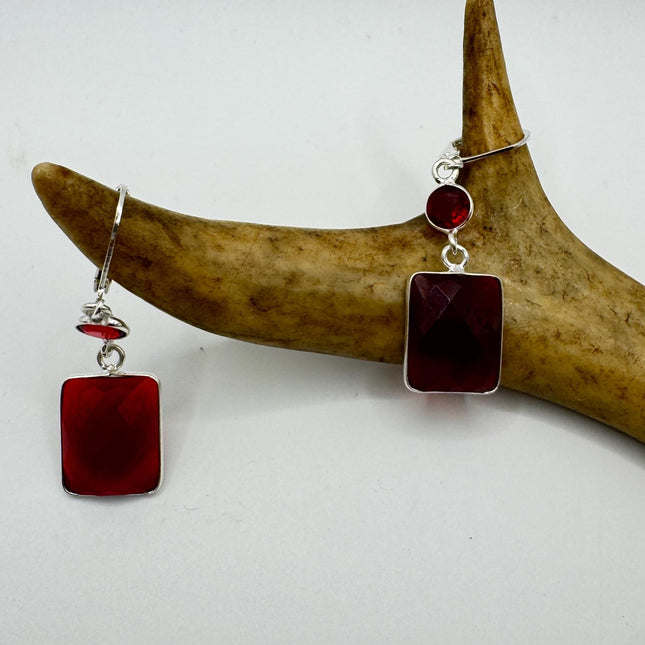 Vintage Red Ruby Glass Dangle Earrings Sterling Silver Design Statement Leverbacks