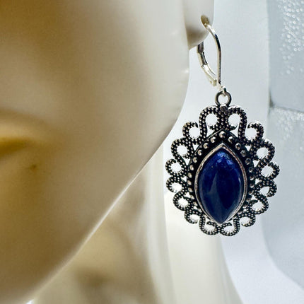 Vintage Cobalt Blue Lapis Lazuli Silver Earrings | 925 sterling Silver Lever Backs