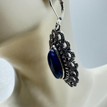 Vintage Cobalt Blue Lapis Lazuli Silver Earrings | 925 sterling Silver Lever Backs