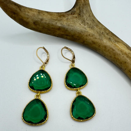 Vintage Green Glass Dangle Earrings Golden Leverbacks