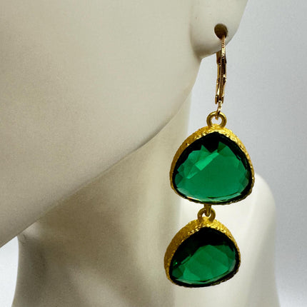 Vintage Green Glass Dangle Earrings Golden Leverbacks