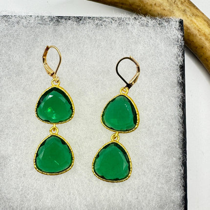 Vintage Green Glass Dangle Earrings Golden Leverbacks