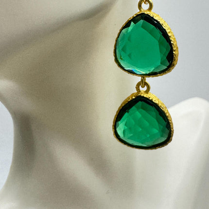 Vintage Green Glass Dangle Earrings Golden Leverbacks