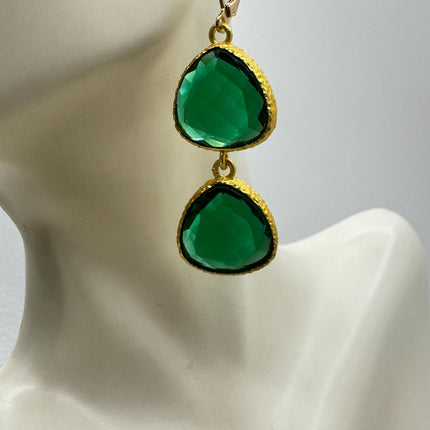 Vintage Green Glass Dangle Earrings Golden Leverbacks