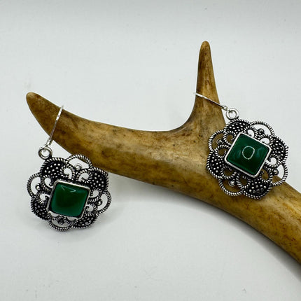 Vintage Gemstone Earrings | Green Chrysoprase | 925 Sterling Round Silver Lever Back Dangle Earrings