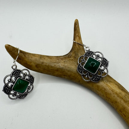 Vintage Gemstone Earrings | Green Chrysoprase | 925 Sterling Round Silver Lever Back Dangle Earrings