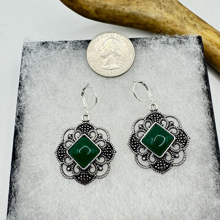 Vintage Gemstone Earrings | Green Chrysoprase | 925 Sterling Round Silver Lever Back Dangle Earrings