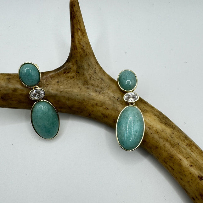 Vintage Green Amazonite Dangle Lucky Gold Sterling Silver Earrings