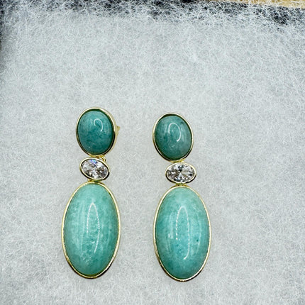 Vintage Green Amazonite Dangle Lucky Gold Sterling Silver Earrings