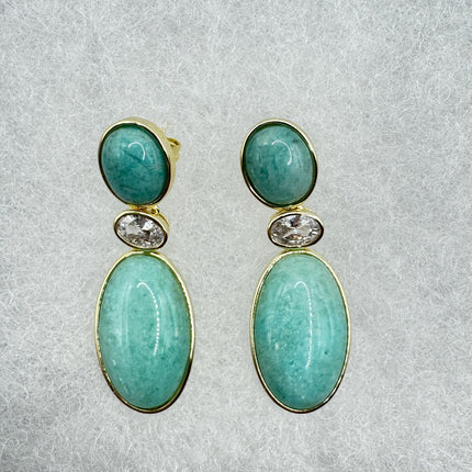 Vintage Green Amazonite Dangle Lucky Gold Sterling Silver Earrings
