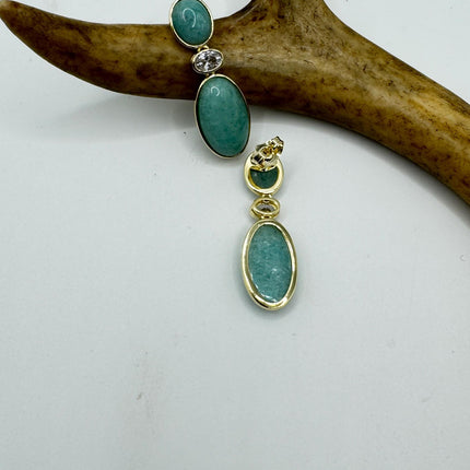 Vintage Green Amazonite Dangle Lucky Gold Sterling Silver Earrings