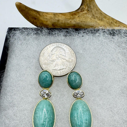 Vintage Green Amazonite Dangle Lucky Gold Sterling Silver Earrings